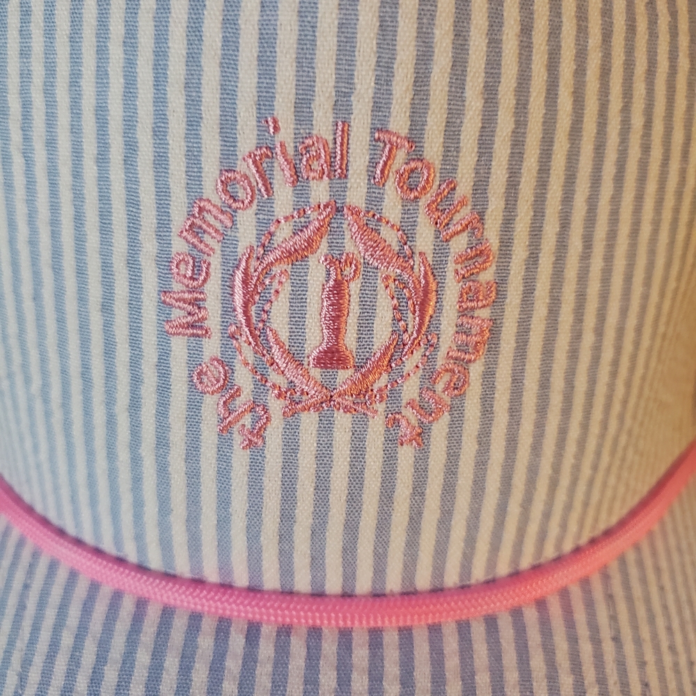 Striped Memorial Tournament Baseball Hat with Pink Embroidered Logo